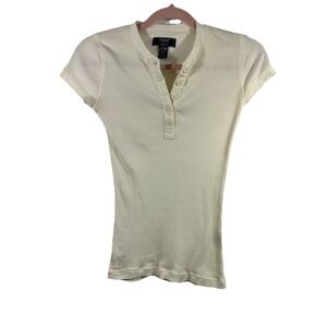VTG Chaps Denim Ribbed Henley Top Cream Cotton Petite XS 90s Y2K Clean Girl